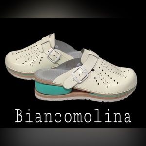 NEW Biancomolina Air Leather Clogs, Eggshell/Teal, Size 38 (7)